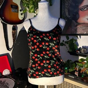 Vintage 1990s Black Velvet Velour Cherry Print Tank Top.